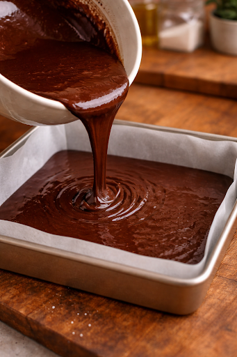 Đổ cốt bánh Brownie vào khuôn vuông